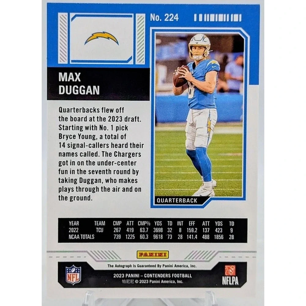 2023 Panini Contenders Max Duggan Green Laser RC Auto Rookie Ticket Chargers